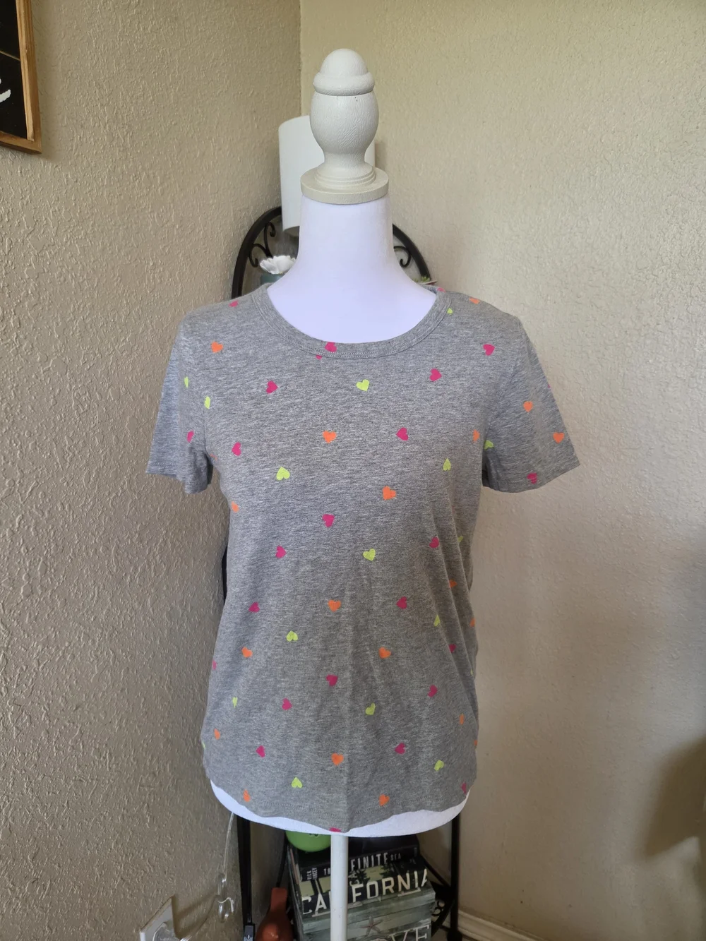 J. Crew Heather Gray Tee with Neon Heart Print